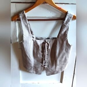 Forever 21 Women's Beige Tan Plaid Lace-Up Corset Vest Crop Top | Medium